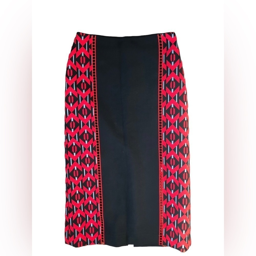 Fendi Pencil Skirt 38/6 Black Red Geometric Panels Designer Italy Midi Silk
